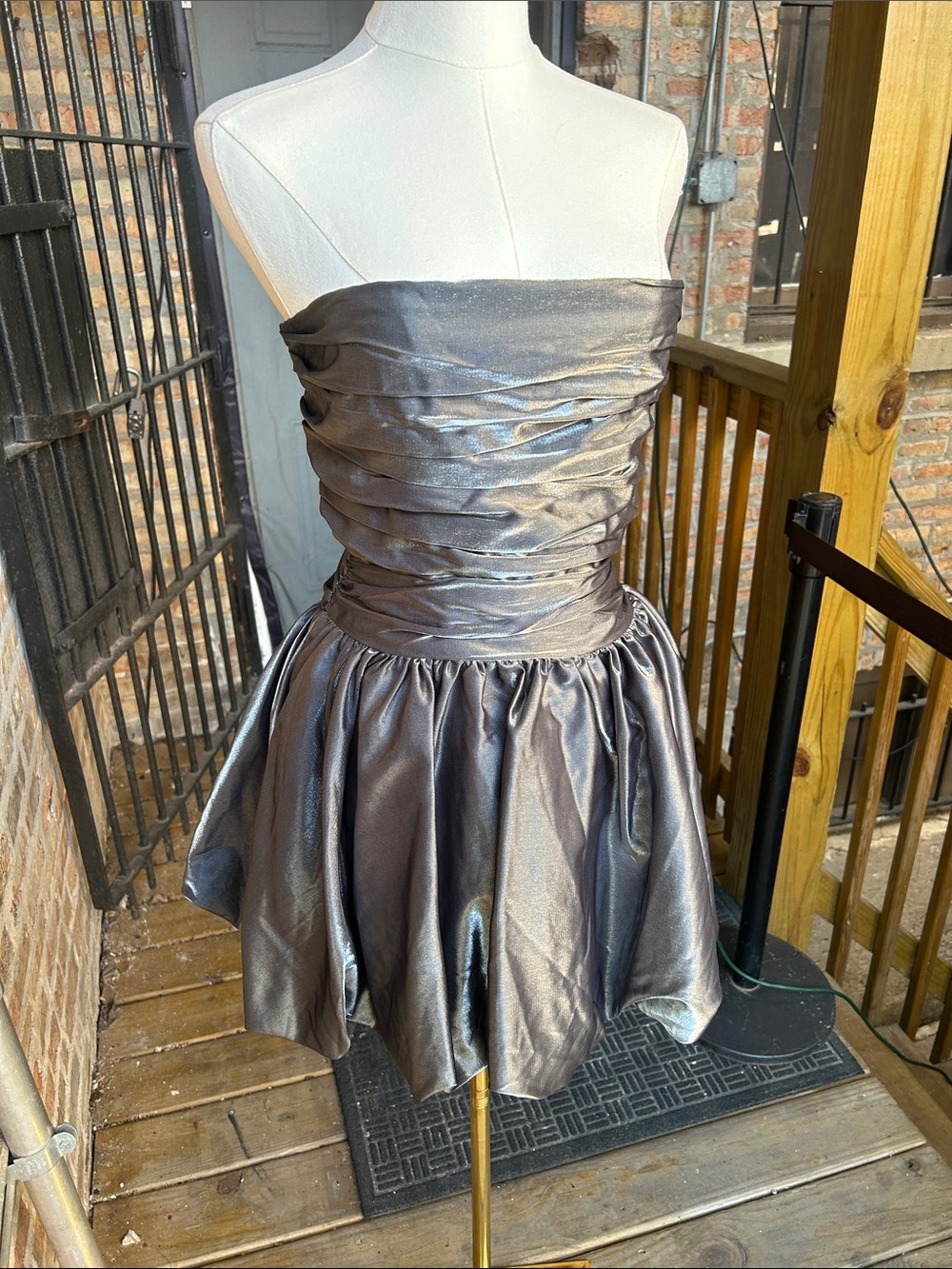 AKIRA Metallic Gunmetal Strapless Mini Dress
